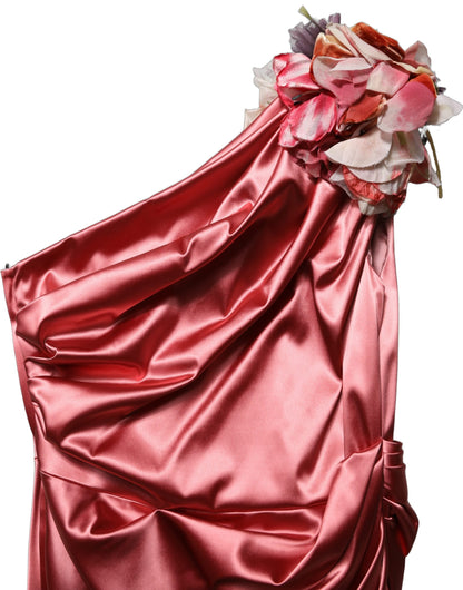 Dolce & Gabbana Women's One Shoulder Asymmetric Sleeveless Silk Nylon Acetate Satin Midi Knee Dress - Pink Floral