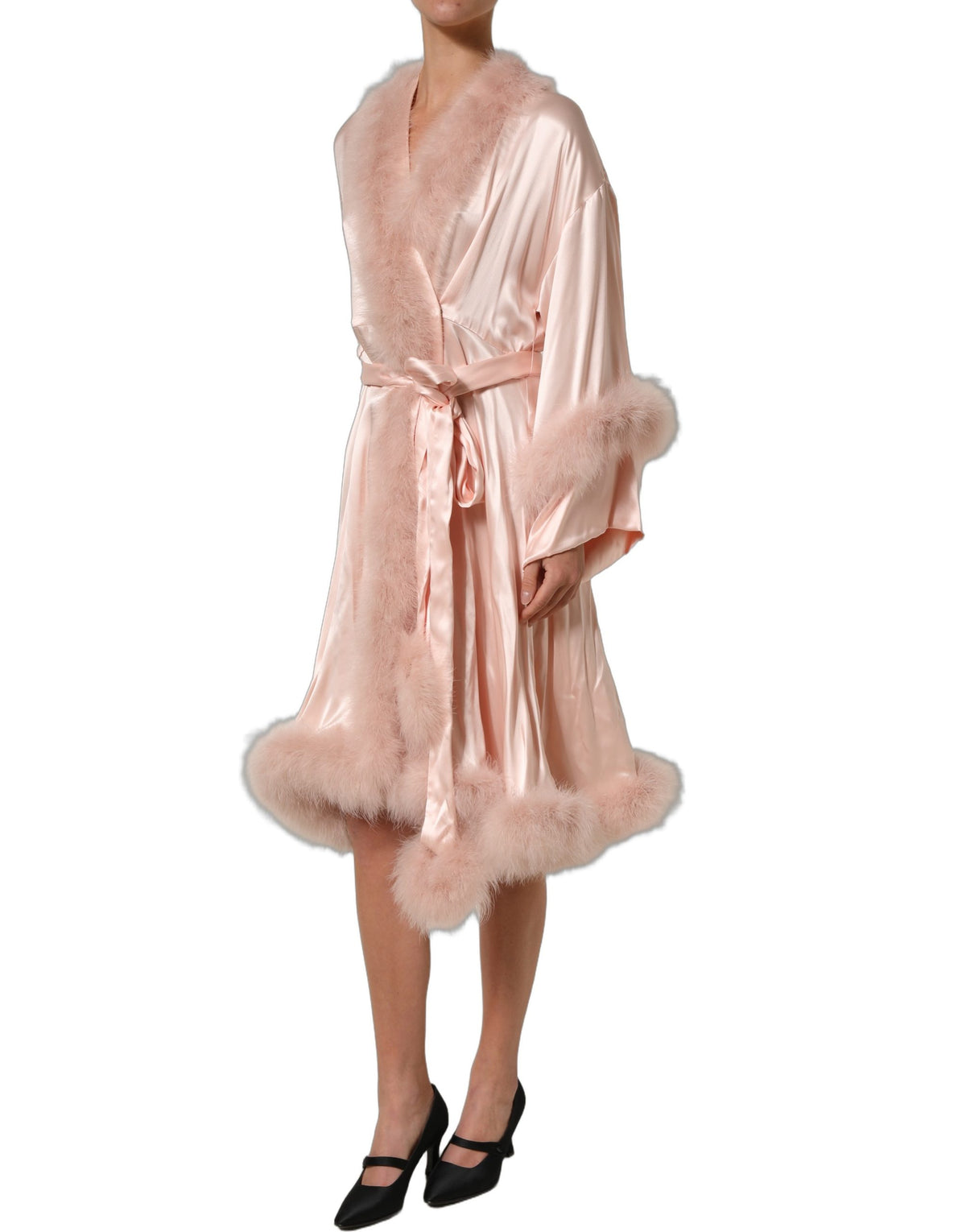 Dolce & Gabbana Ribbon Women's Wrap Long-Sleeve Silk Satin Marabou & Feathers Midi Dress - Pink