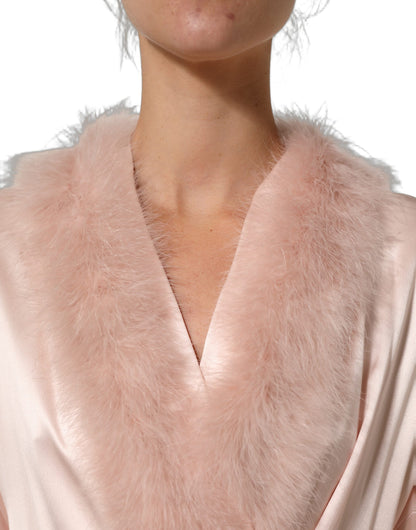 Dolce & Gabbana Ribbon Women's Wrap Long-Sleeve Silk Satin Marabou & Feathers Midi Dress - Pink