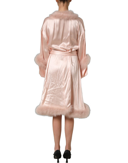 Dolce & Gabbana Ribbon Women's Wrap Long-Sleeve Silk Satin Marabou & Feathers Midi Dress - Pink