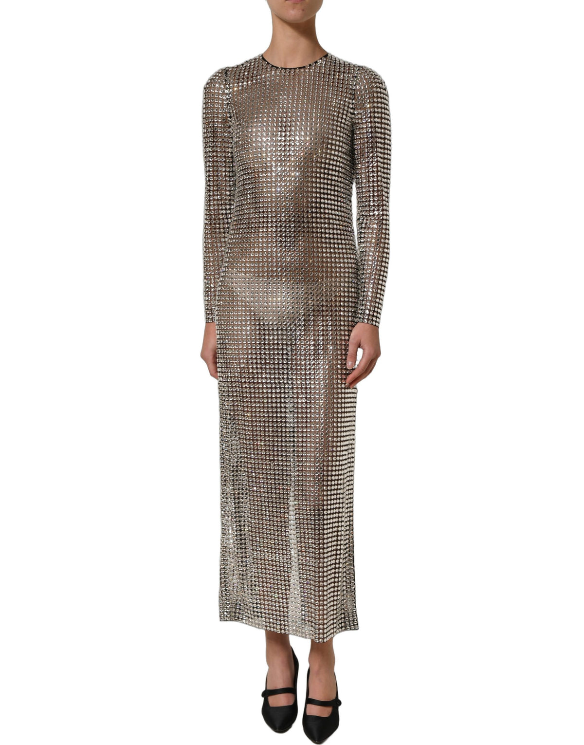 Dolce & Gabbana Women's Gown Wrap Cocktail Long-Sleeve Nylon & Crystal Mini Long Dress - Beige