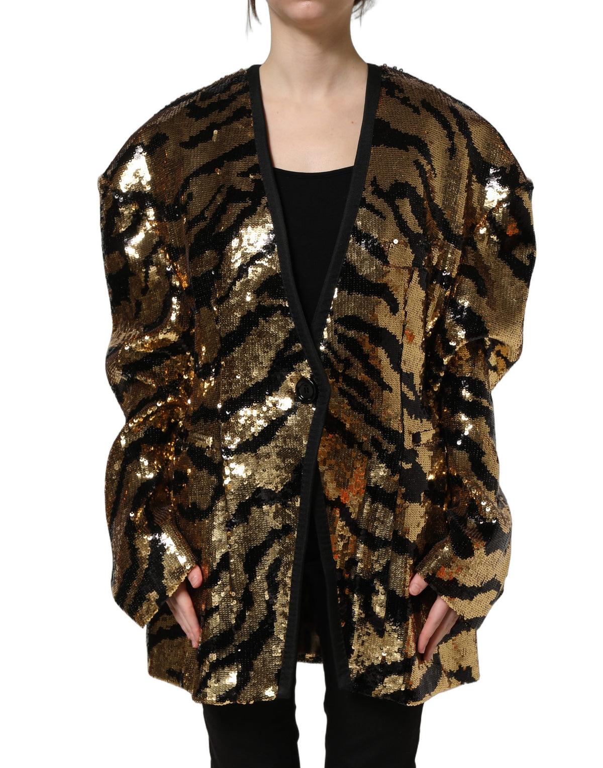 Dolce & Gabbana Women's Single Breasted Polyester Sequins & Silk Blazer - Black Gold Patterned Striped