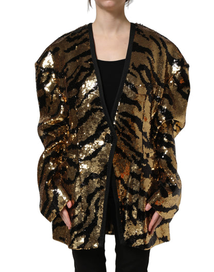 Dolce & Gabbana Women's Single Breasted Polyester Sequins & Silk Blazer - Black Gold Patterned Striped