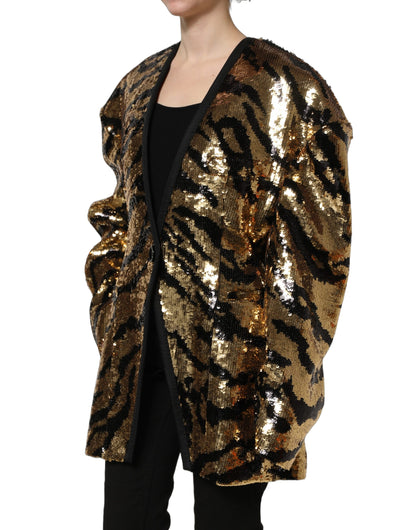 Dolce & Gabbana Women's Single Breasted Polyester Sequins & Silk Blazer - Black Gold Patterned Striped