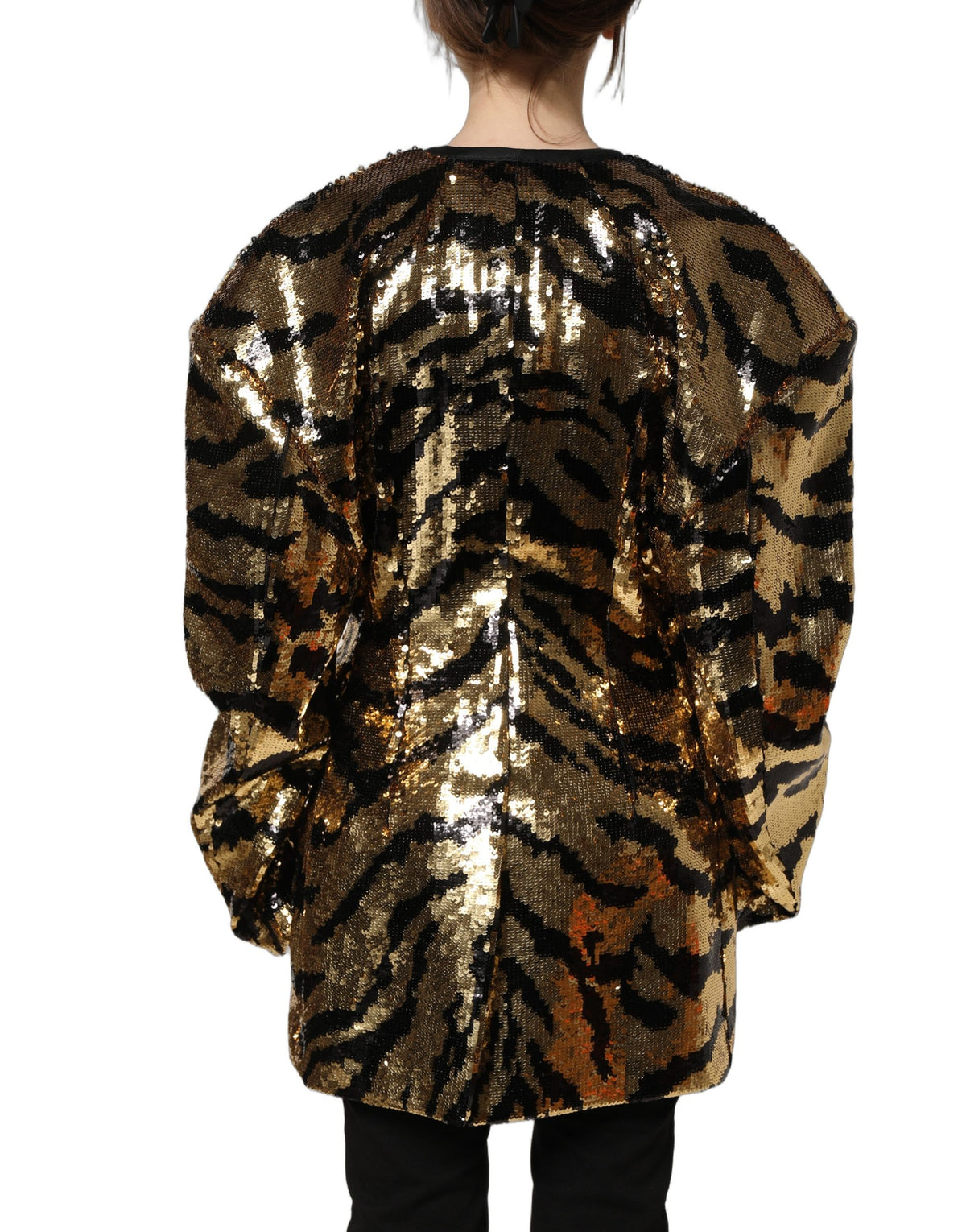 Dolce & Gabbana Women's Single Breasted Polyester Sequins & Silk Blazer - Black Gold Patterned Striped