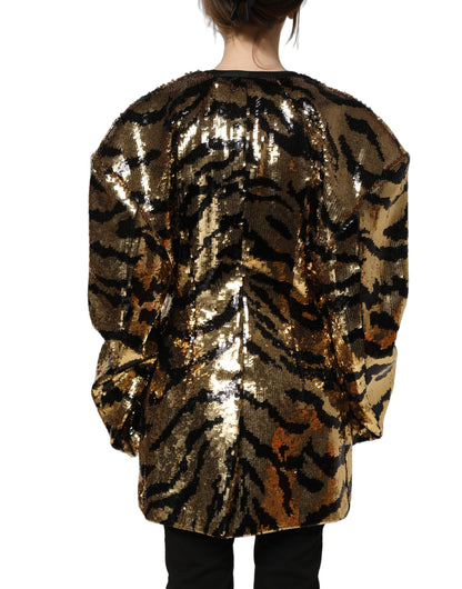 Dolce & Gabbana Women's Single Breasted Polyester Sequins & Silk Blazer - Black Gold Patterned Striped