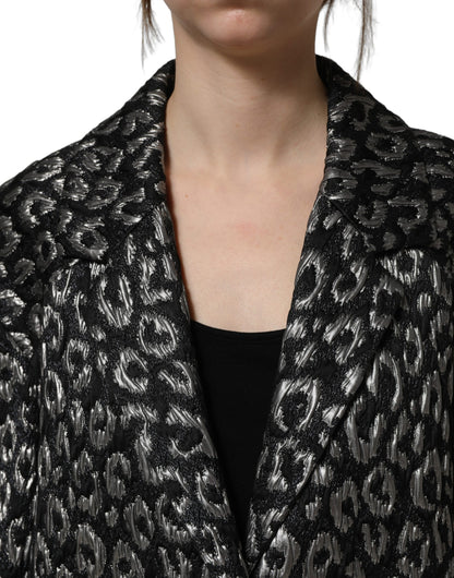 Dolce & Gabbana Black Silver Jacquard Leopard Coat Jacket