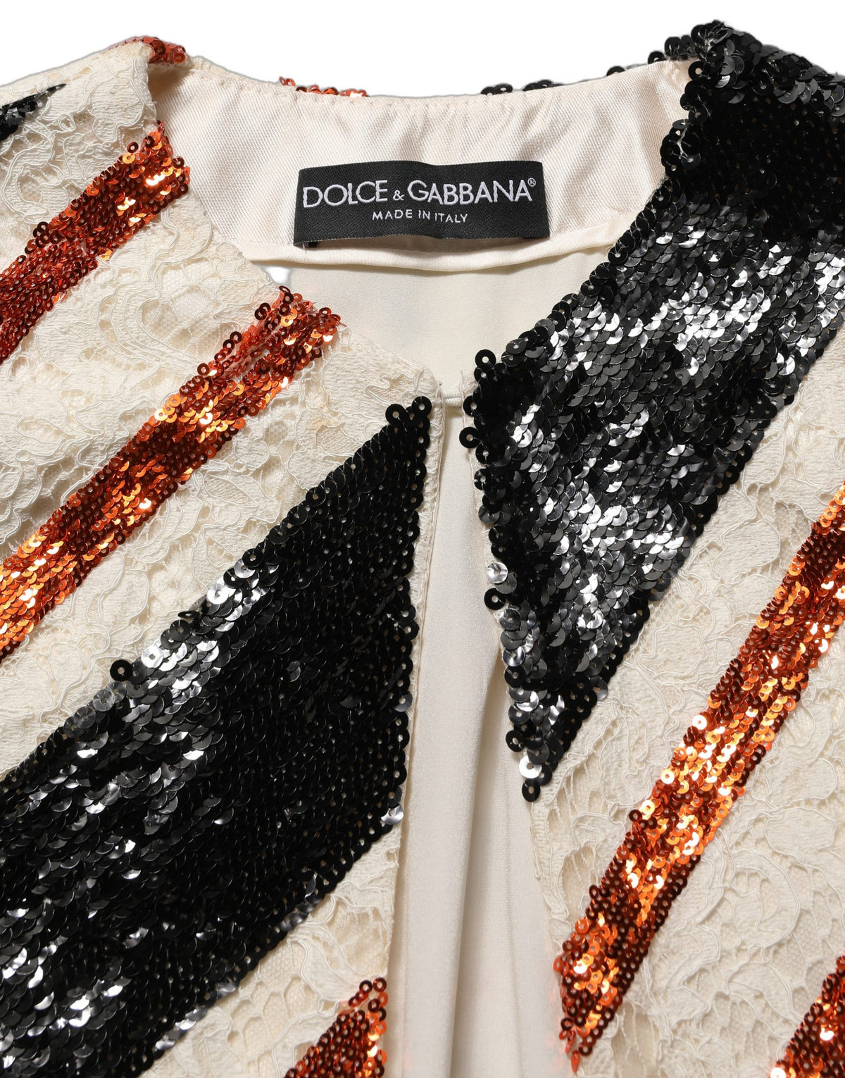 Dolce & Gabbana Women's Cotton Nylon Silk & Viscose Jacket - Black Multicolor Orange White Patterned Striped