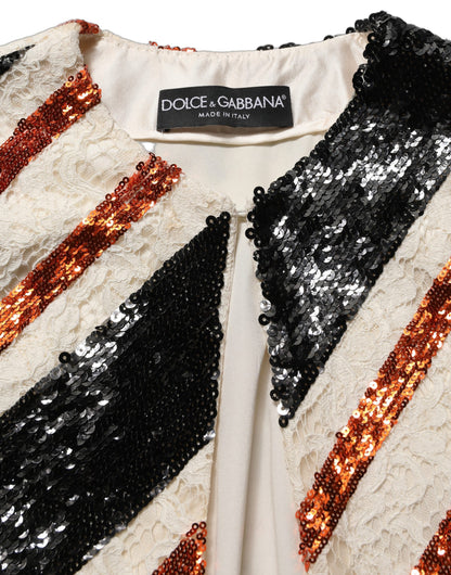Dolce & Gabbana Women's Cotton Nylon Silk & Viscose Jacket - Black Multicolor Orange White Patterned Striped