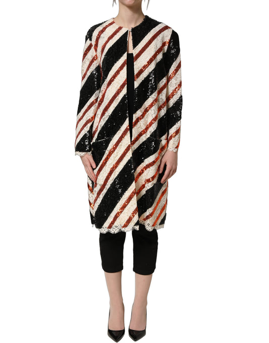 Dolce & Gabbana Women's Cotton Nylon Silk & Viscose Jacket - Black Multicolor Orange White Patterned Striped