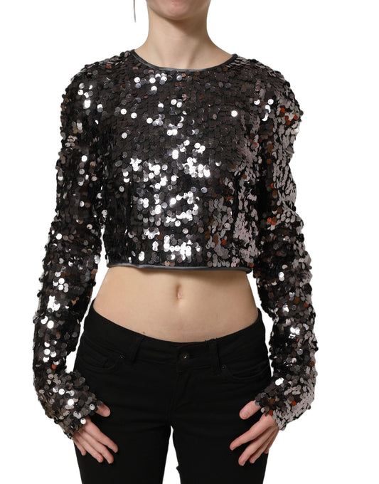 Dolce & Gabbana Women's Crop Top Cropped Long-Sleeve Round Neck Silk & Nylon Blouse - Black