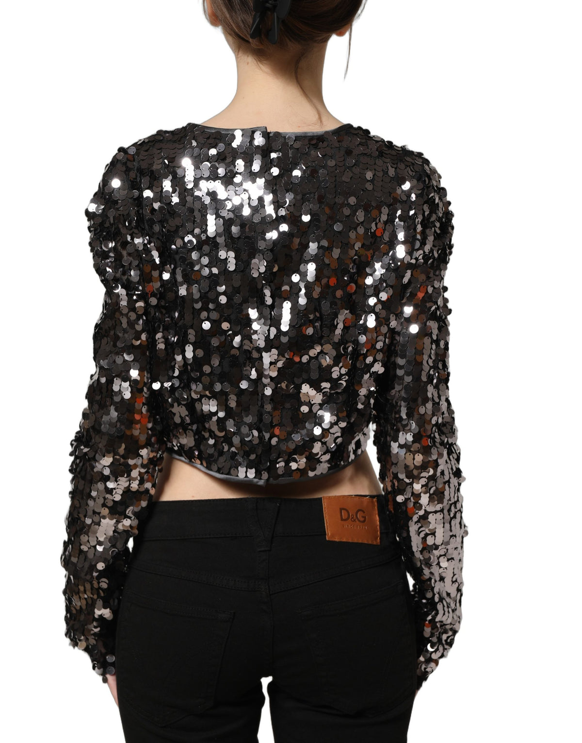 Dolce & Gabbana Women's Crop Top Cropped Long-Sleeve Round Neck Silk & Nylon Blouse - Black