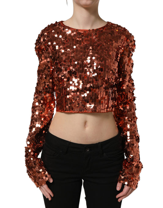 Dolce & Gabbana Women's Crop Top Cropped Long-Sleeve Round Neck Silk & Nylon Blouse - Red