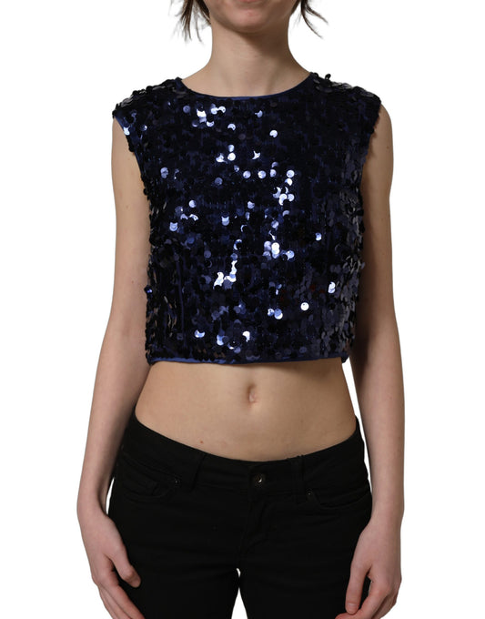Dolce & Gabbana Women's Crop Top Cropped Round Neck Silk & Nylon Tank - Blue