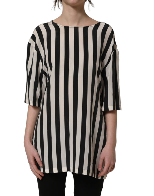 Dolce & Gabbana Women's Three-Quarter-Sleeve; Short-Sleeve Round Neck Silk Blouse - Black White Striped