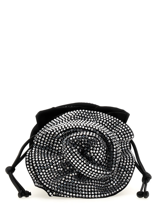 Crossbody Drawstring Handbag by Magda Butrym for women in leather & satin black features a versatile chic silhouette, meticulously detailed with a secure drawstring, ample , and versatile crossbody-strap, shoulder-strap & adjustable-strap.
