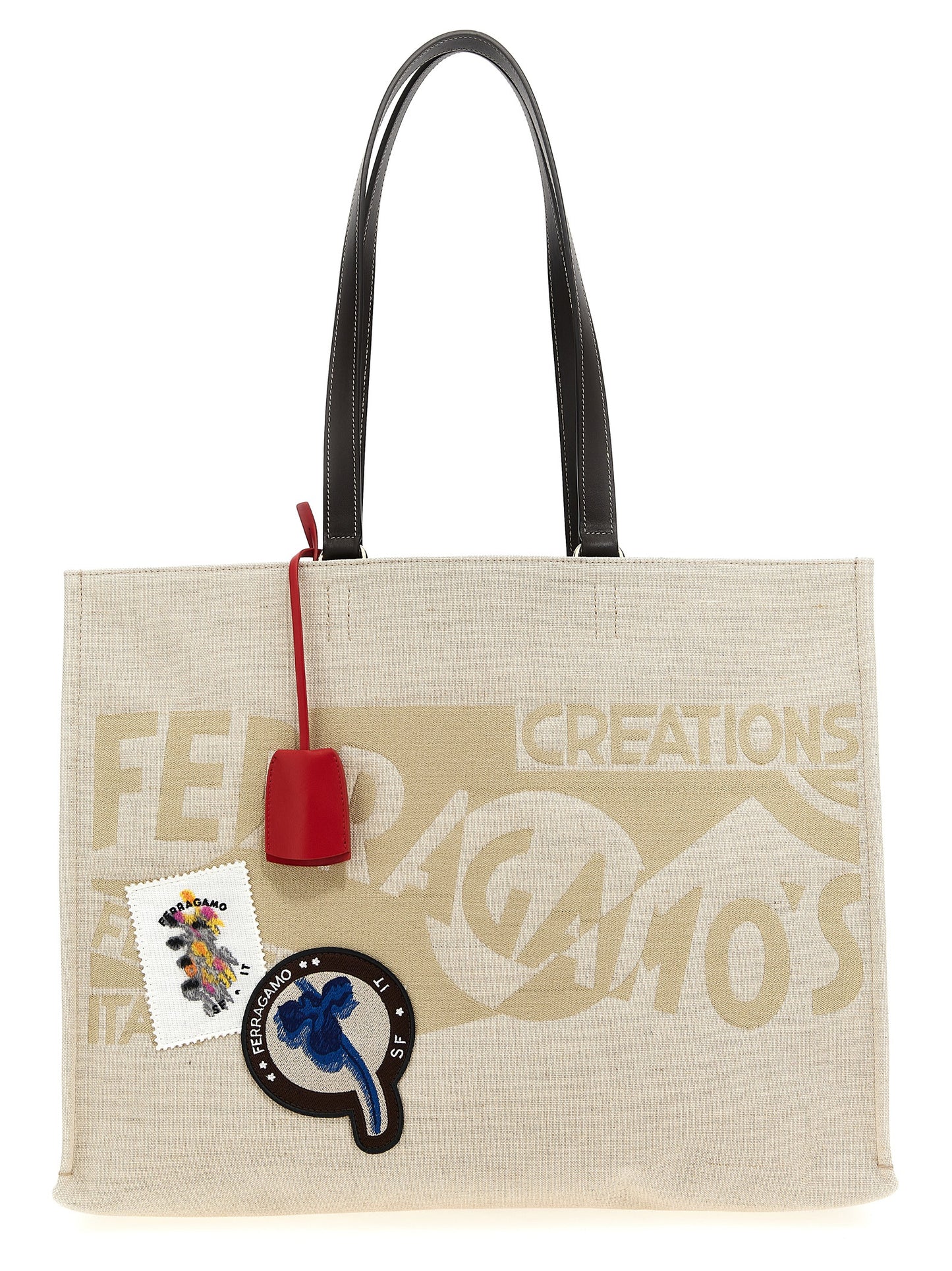 Tote Bag by Ferragamo for women in calfskin leather beige & jacquard features a jet-set Calfskin Leather Tote Bag design, complete with a secure , ample , and versatile handle for a jet-set look.