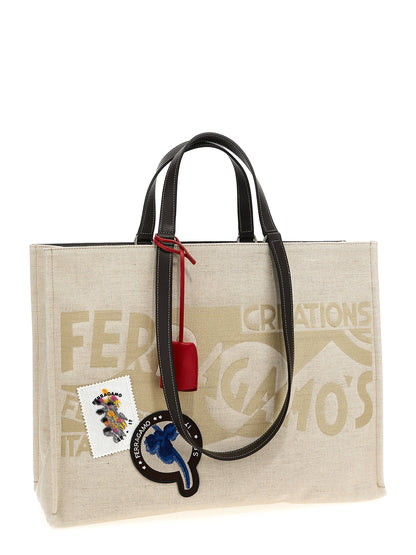 Tote Bag by Ferragamo for women in calfskin leather beige & jacquard features an jet-setting Calfskin Leather Tote Bag design with a secure , jet-setting , and versatile handle for a jet-setting look.