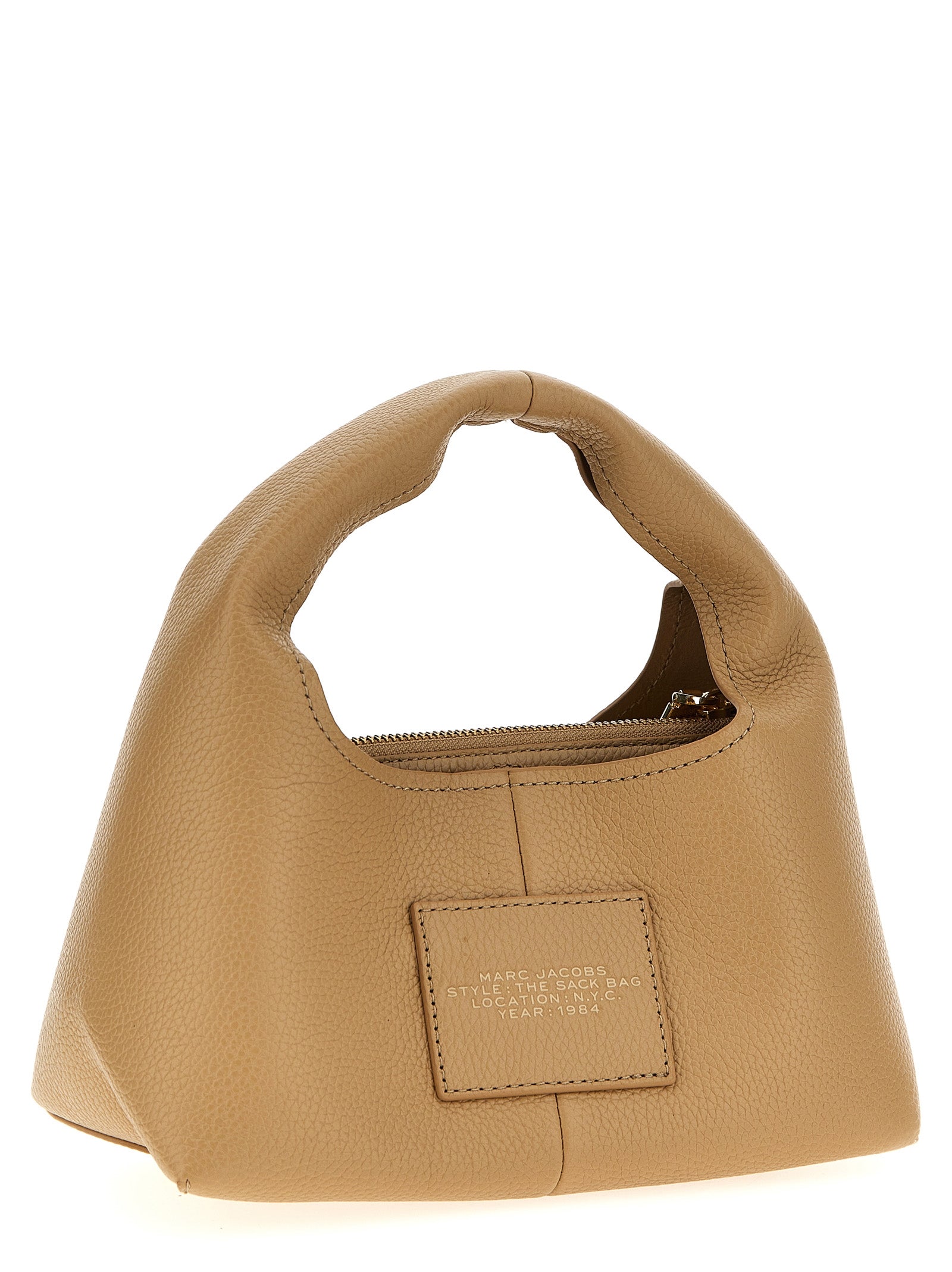 Mini Pouch Clutch Handbag by Marc Jacobs for women in bos taurus calf suede leather beige features an refined silhouette, showcasing a secure magnetic, ample , and versatile handle for a sophisticated refined aesthetic.