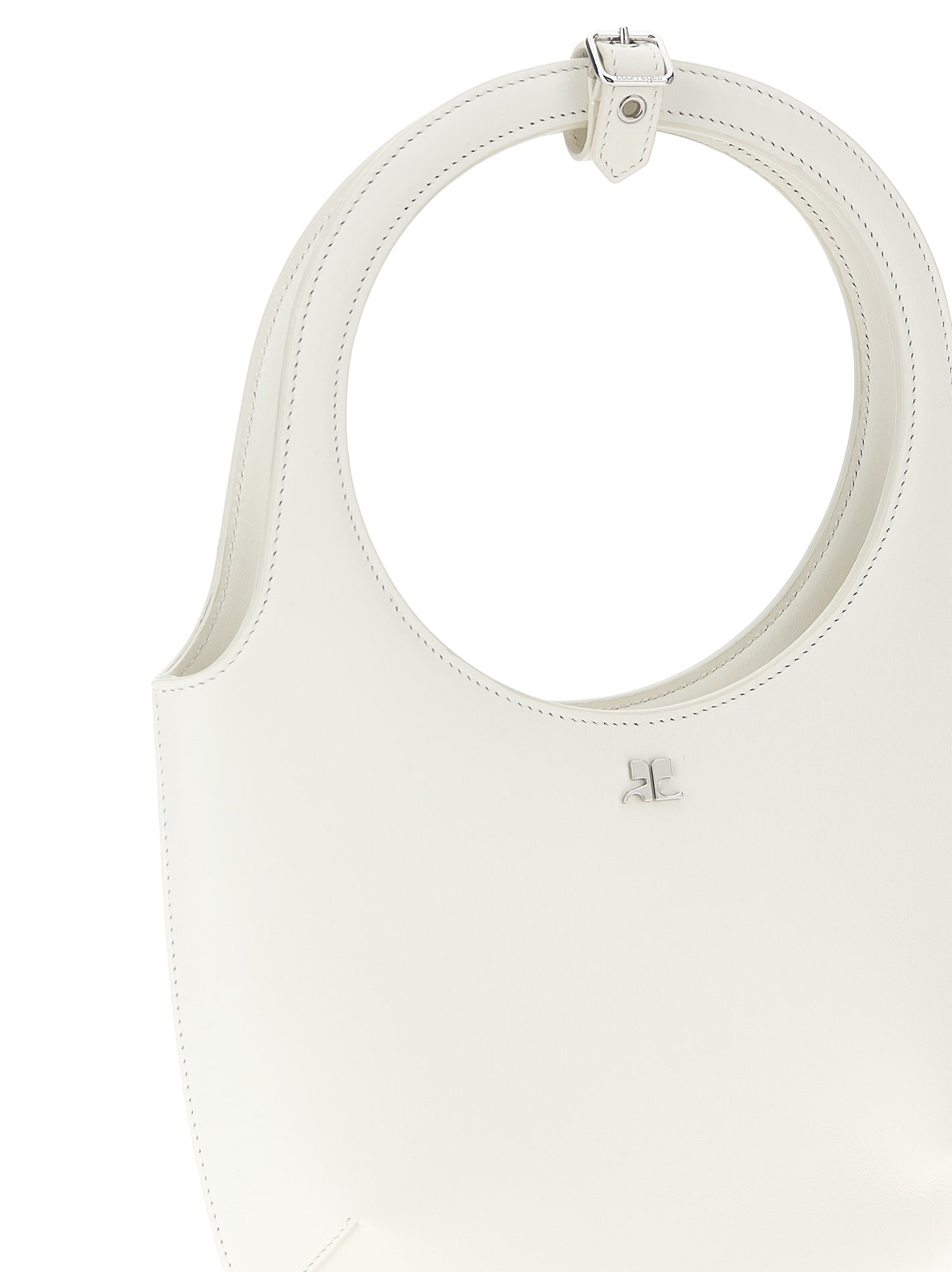Handbag by Courrèges for women in bos taurus calf suede leather white features a signature silhouette, showcasing a secure magnetic and signature with versatile shoulder-strap, adjustable-strap & handle for a sophisticated look.