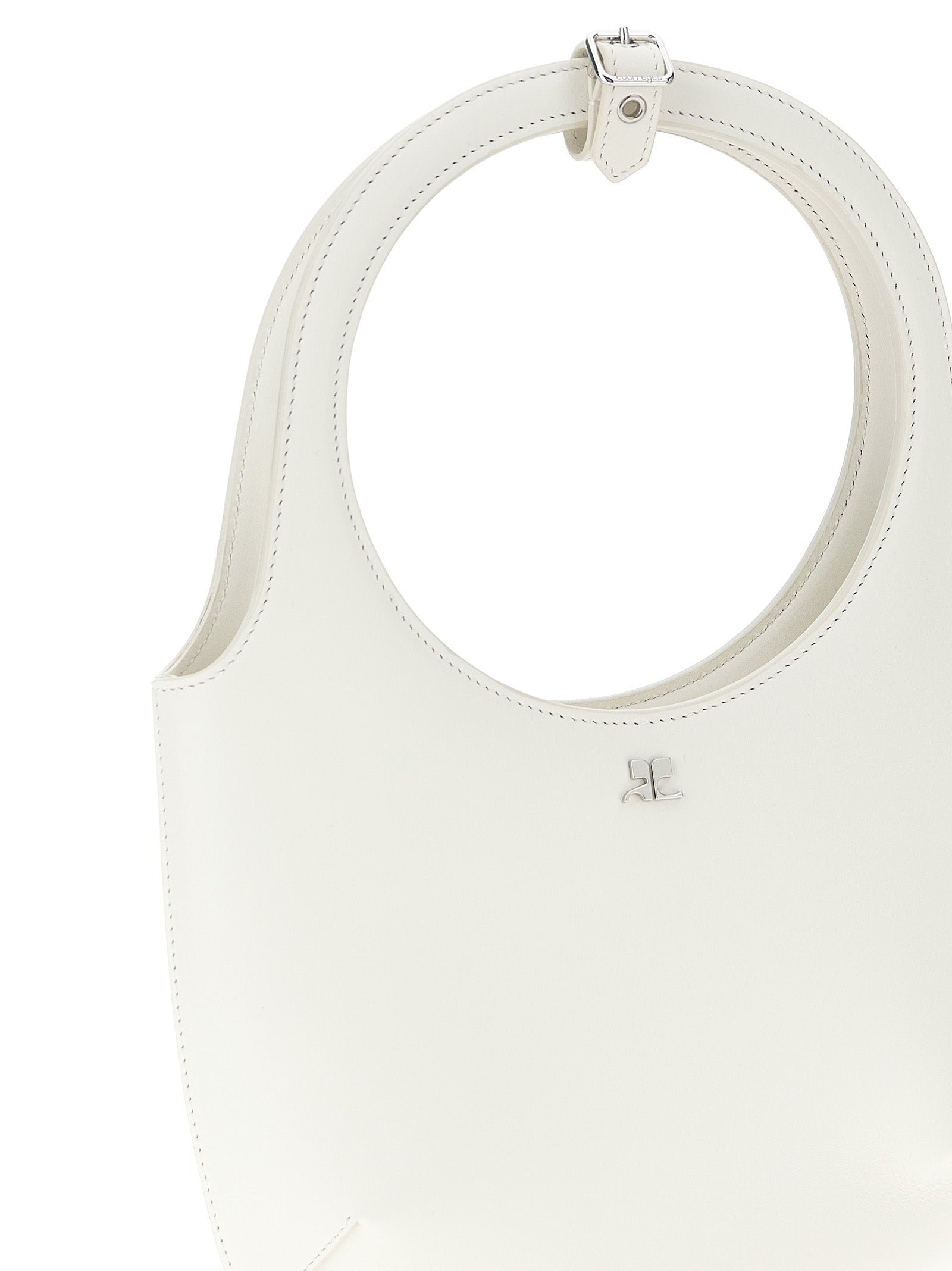 Handbag by Courrèges for women in bos taurus calf suede leather white features a signature silhouette, showcasing a secure magnetic and signature with versatile shoulder-strap, adjustable-strap & handle for a sophisticated look.
