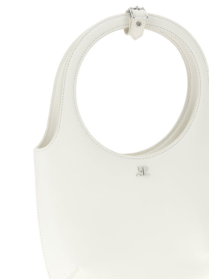 Handbag by Courrèges for women in bos taurus calf suede leather white features a signature silhouette, showcasing a secure magnetic and signature with versatile shoulder-strap, adjustable-strap & handle for a sophisticated look.