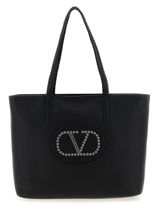Shopper Tote Bag by Valentino Garavani for women in bos taurus calf suede leather black & signature features an jet-set-ready silhouette, showcasing the Nellcote V Logo Bos Taurus Calf Suede Leather Shopper Tote Bag design with a secure zipper, ample , and versatile handle.