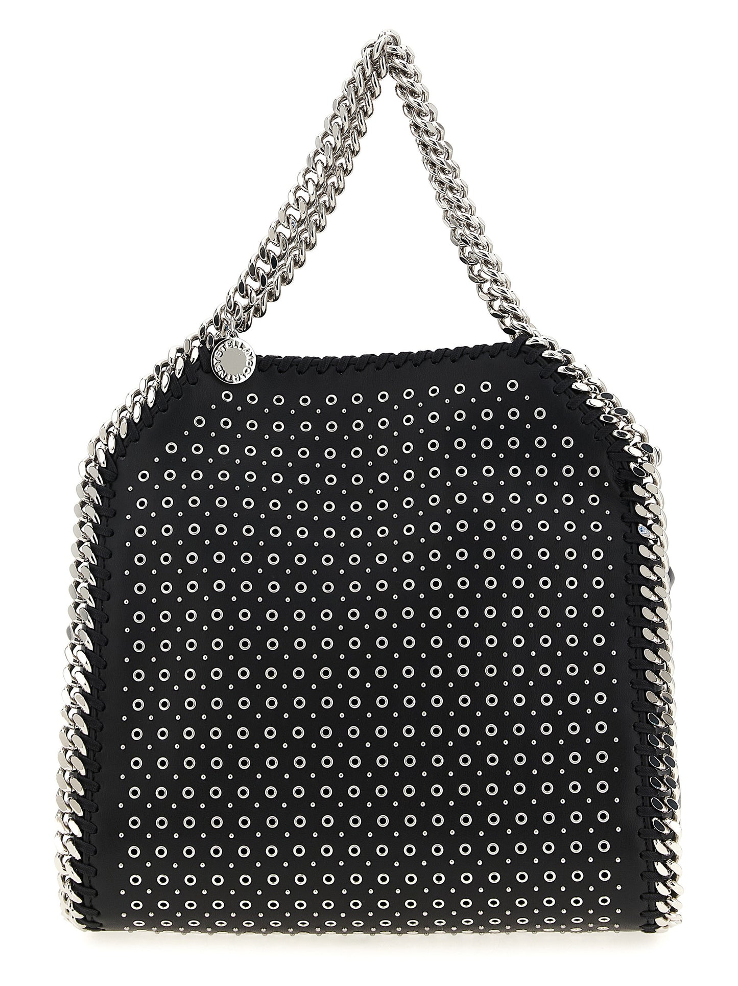 Mini Handbag by Stella McCartney for women in faux patent leather black features an refined silhouette, showcasing a secure magnetic, ample , and versatile shoulder-strap & handle for a sophisticated refined aesthetic.