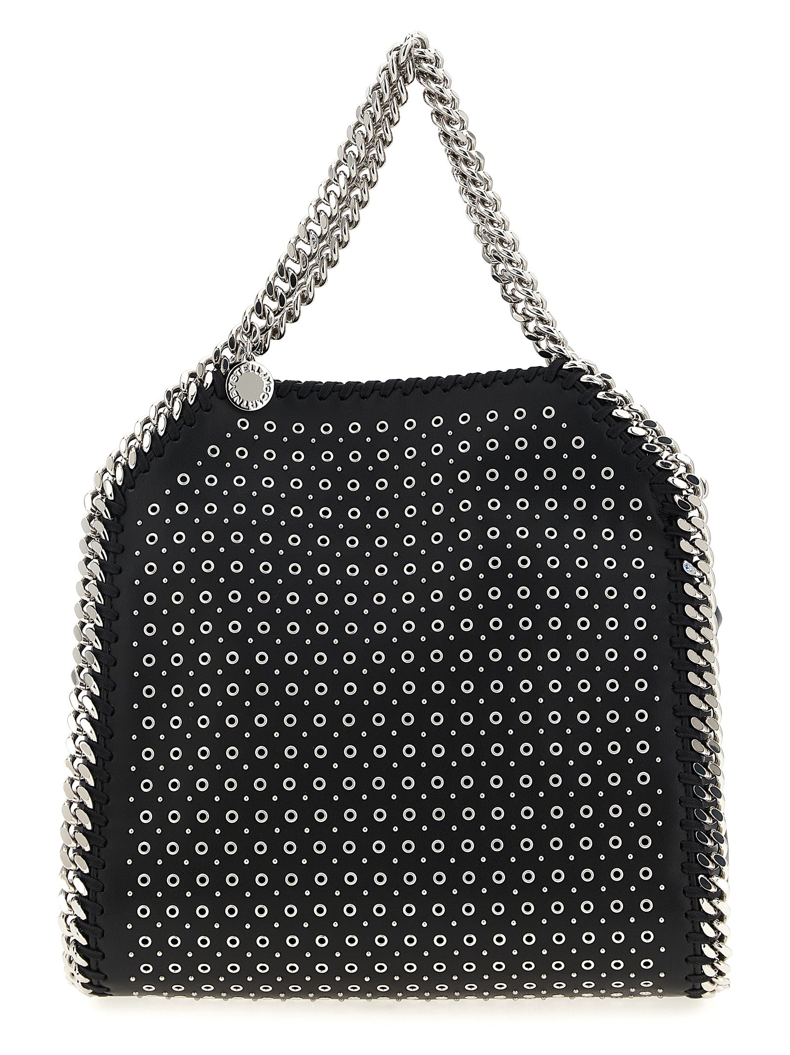 Mini Handbag by Stella McCartney for women in faux patent leather black features an refined silhouette, showcasing a secure magnetic, ample , and versatile shoulder-strap & handle for a sophisticated refined aesthetic.
