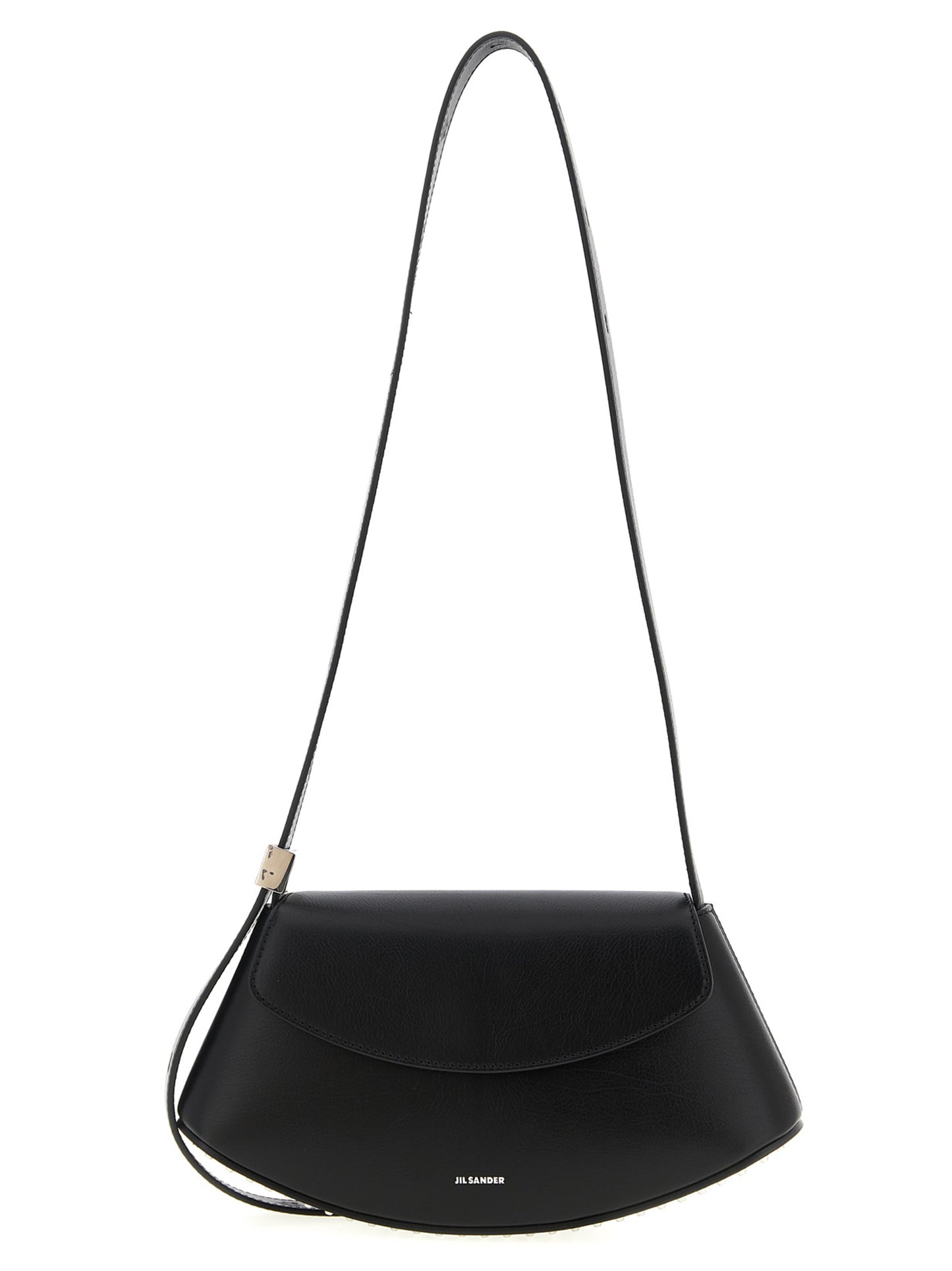 Crossbody Flap Handbag by Jil Sander for women in bos taurus calf suede leather black features a versatile chic silhouette, meticulously detailed with a secure flap, magnetic & buckle, ample , and versatile crossbody-strap, shoulder-strap, adjustable-strap & handle.