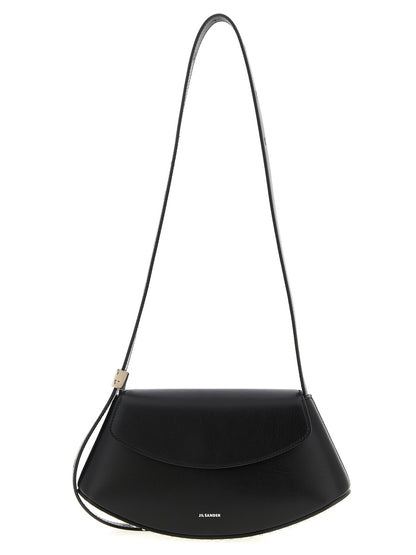 Crossbody Flap Handbag by Jil Sander for women in bos taurus calf suede leather black features a versatile chic silhouette, meticulously detailed with a secure flap, magnetic & buckle, ample , and versatile crossbody-strap, shoulder-strap, adjustable-strap & handle.