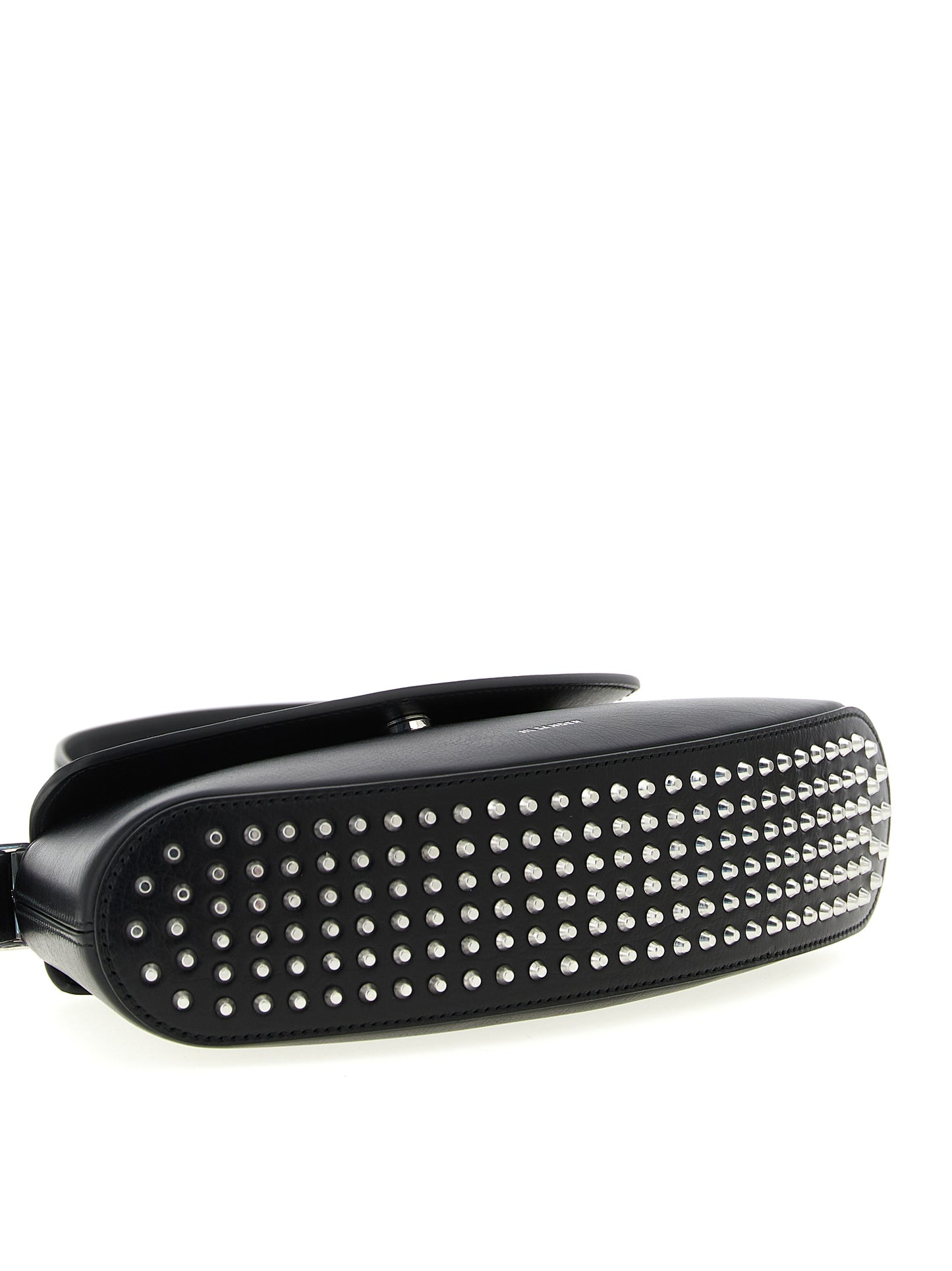 Crossbody Flap Handbag by Jil Sander for women in bos taurus calf suede leather black features a transformative elegance silhouette, showcasing a secure flap, magnetic & buckle, organized , and versatile crossbody-strap, shoulder-strap, adjustable-strap & handle for a transformative elegance look.