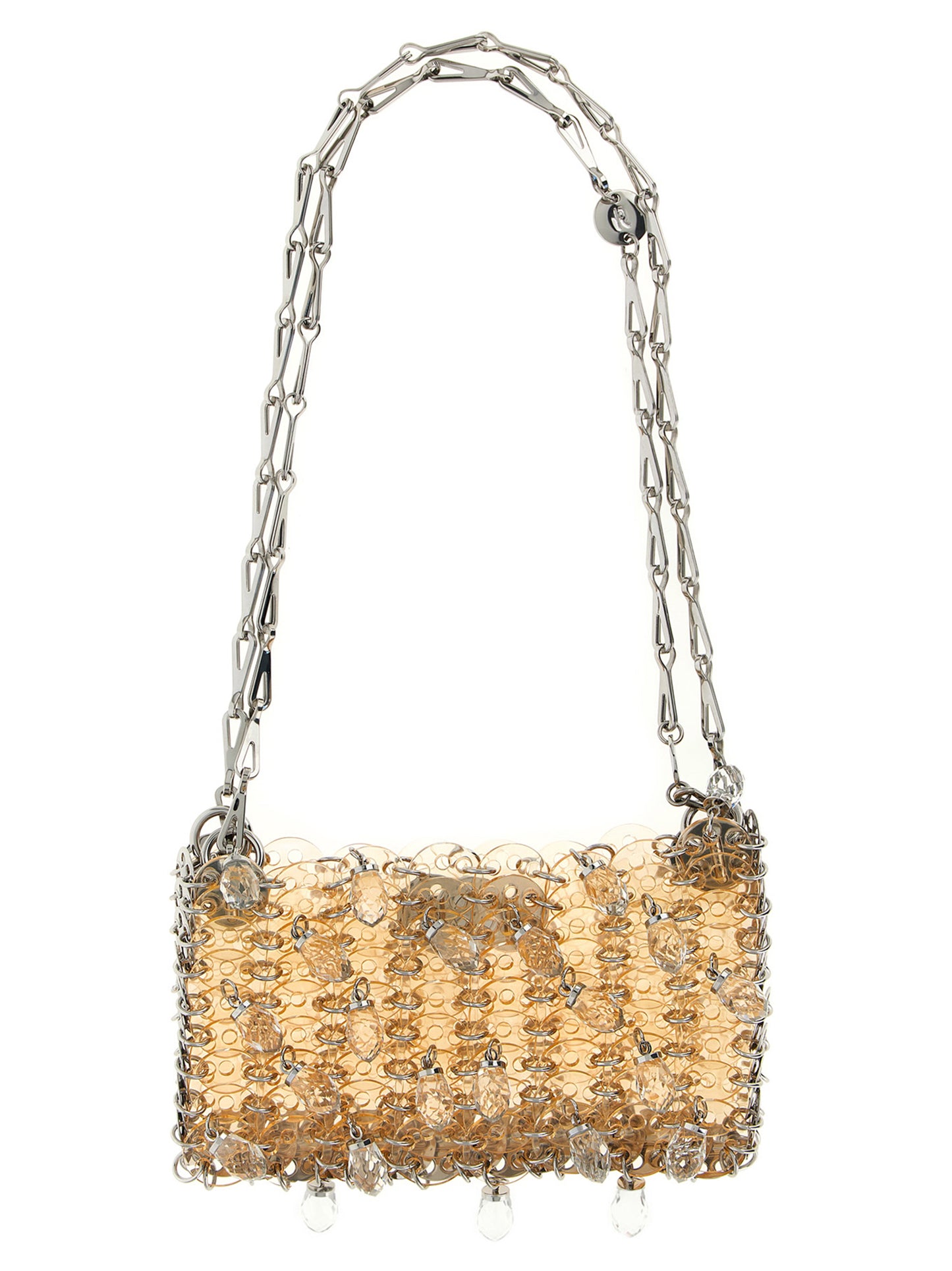 Shoulder Bag by Paco Rabanne for women in leather & crystal multicolor, pink & transparent features an effortlessly chic silhouette with a secure magnetic, ample , and versatile shoulder-strap & handle for effortlessly chic everyday luxury.
