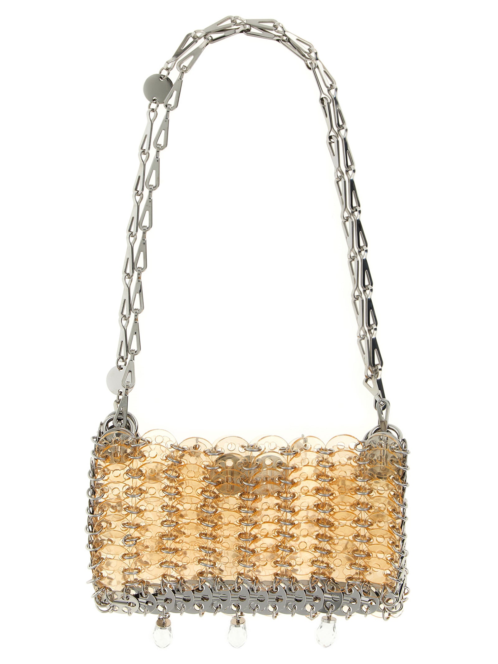 Shoulder Bag by Paco Rabanne for women in leather & crystal multicolor, pink & transparent features a statuesque silhouette, showcasing a secure magnetic and statuesque with versatile shoulder-strap & handle for a statuesque finish.