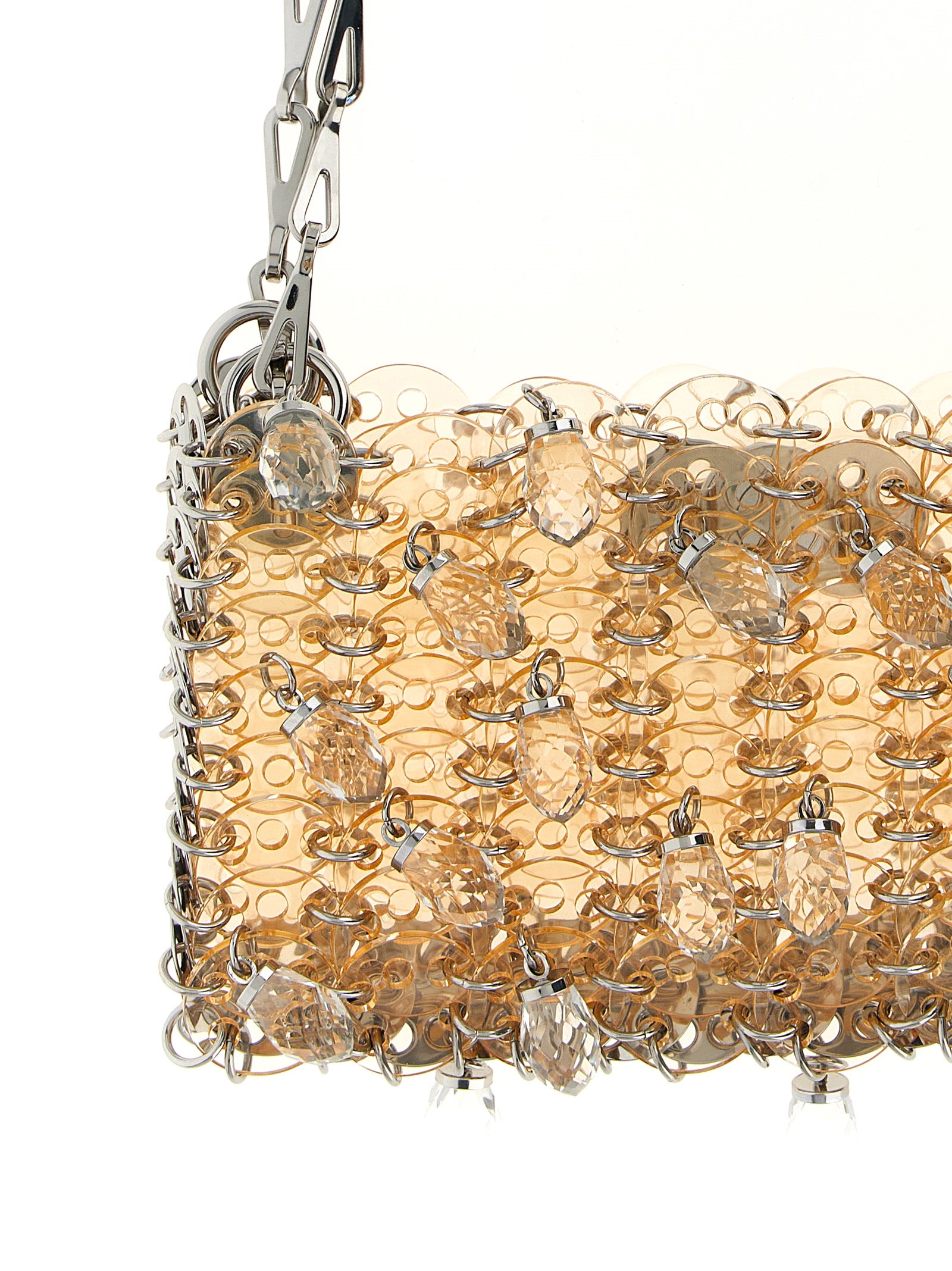 Shoulder Bag by Paco Rabanne for women in leather & crystal multicolor, pink & transparent features a effortless chic silhouette with a secure magnetic, ample , and versatile shoulder-strap & handle for a effortless chic finish.