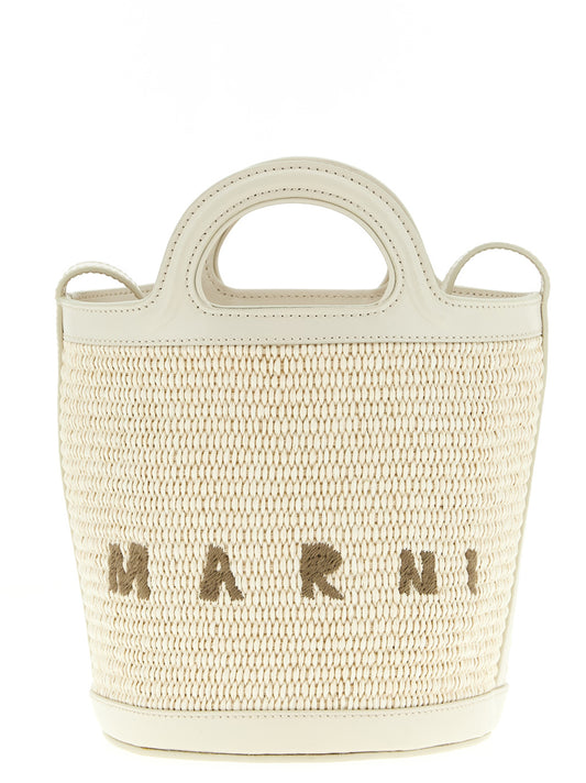 Small Bucket Handbag by Marni for women in cotton leather & polyester white features a ornamental silhouette, showcasing a secure drawstring, ample , and ornamental shoulder-strap & adjustable-strap for a sophisticated look.