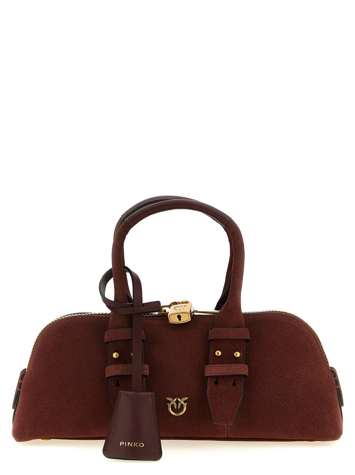 PINKO Love Birds Bos Taurus Calf Suede Leather Shoulder Bowling Baguette Bag - Bordeaux