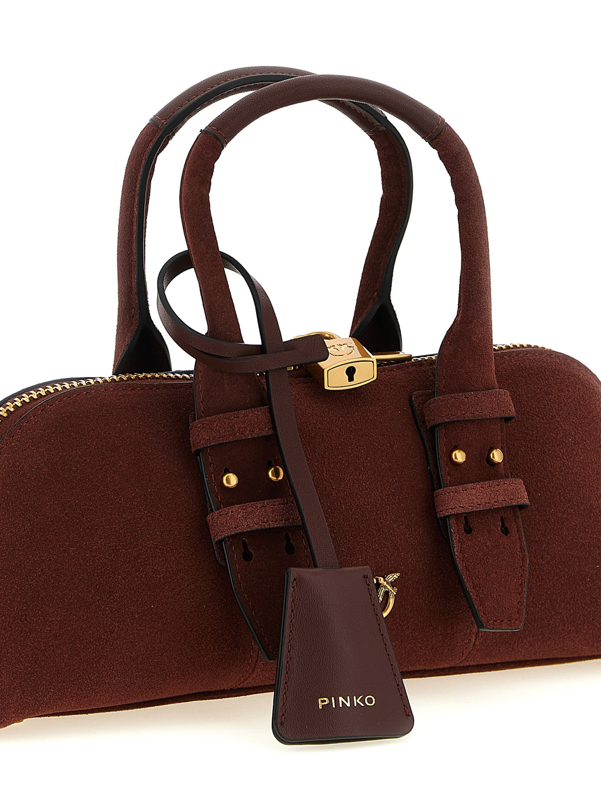 PINKO Love Birds Bos Taurus Calf Suede Leather Shoulder Bowling Baguette Bag - Bordeaux