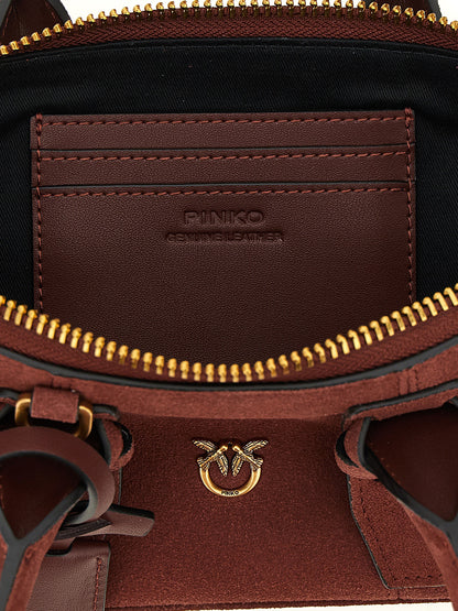 PINKO Love Birds Bos Taurus Calf Suede Leather Shoulder Bowling Baguette Bag - Bordeaux