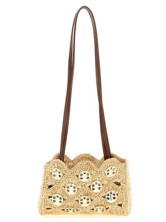 Shoulder Bag by Paco Rabanne for women in raffia & leather beige & natural features an effortlessly chic silhouette with a secure magnetic, ample , and versatile shoulder-strap & handle for effortlessly chic everyday luxury.
