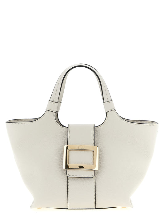 Mini Shopper Tote Bag by Roger Vivier for women in bos taurus calf suede leather gray features a jet-set Belle Bos Taurus Calf Suede Leather Mini Shopper Tote Bag design, complete with a secure flap, magnetic & buckle, ample , and versatile shoulder-strap & handle for a jet-set look.