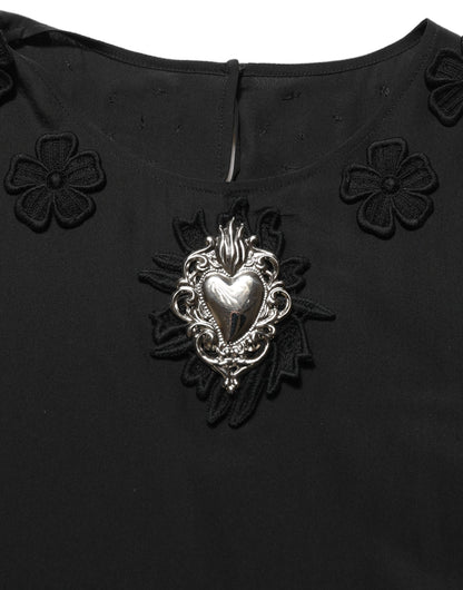 Dolce & Gabbana Heart Women's Short-Sleeve Round Neck Silk Blouse - Black Rose Floral