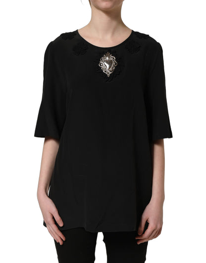 Dolce & Gabbana Heart Women's Short-Sleeve Round Neck Silk Blouse - Black Rose Floral