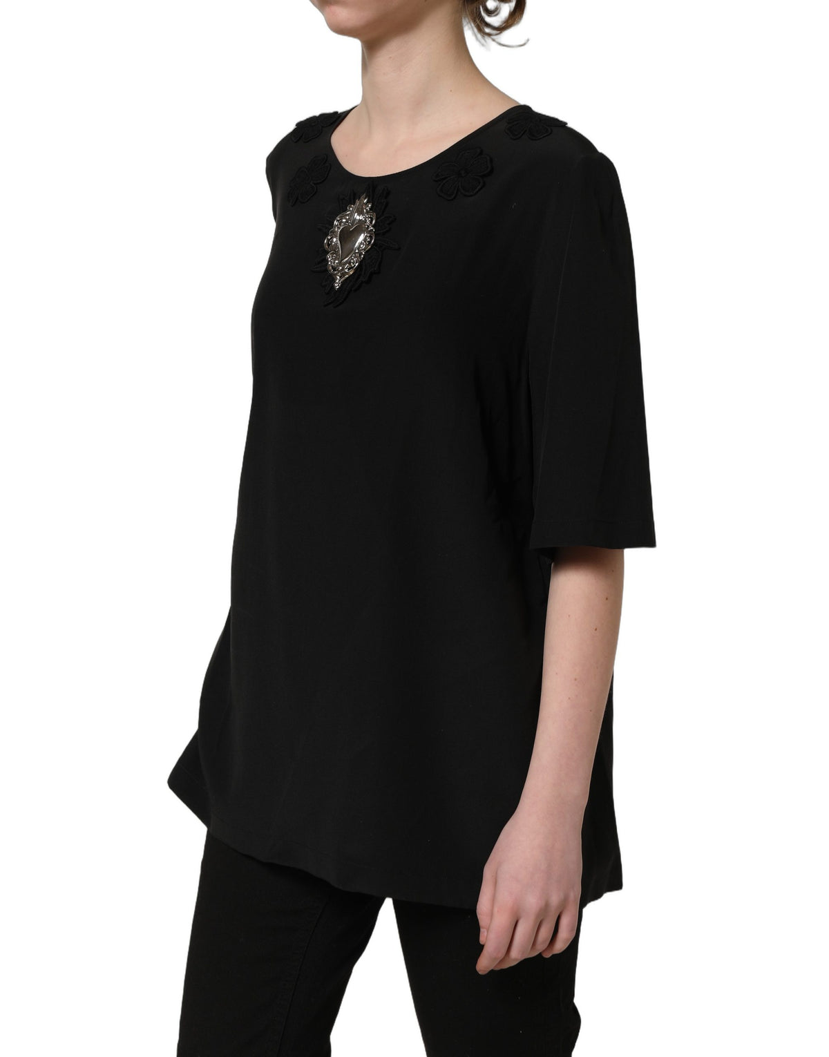 Dolce & Gabbana Heart Women's Short-Sleeve Round Neck Silk Blouse - Black Rose Floral