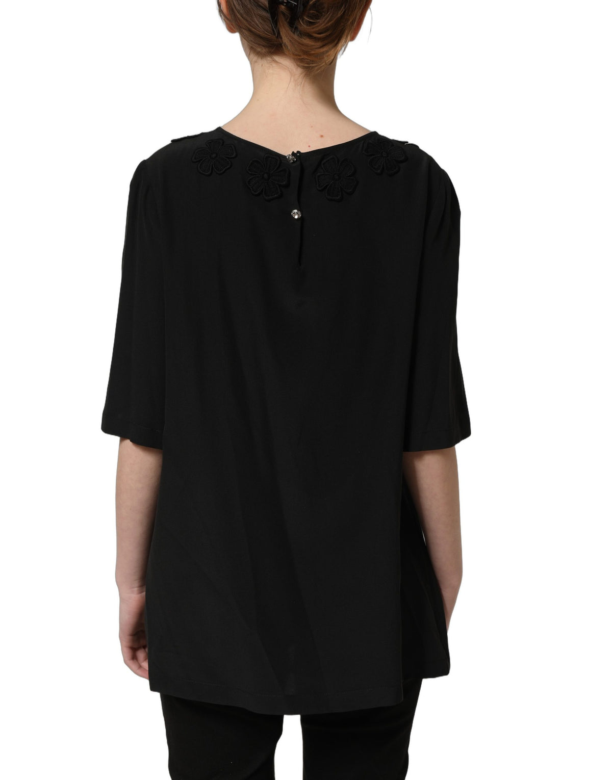 Dolce & Gabbana Heart Women's Short-Sleeve Round Neck Silk Blouse - Black Rose Floral