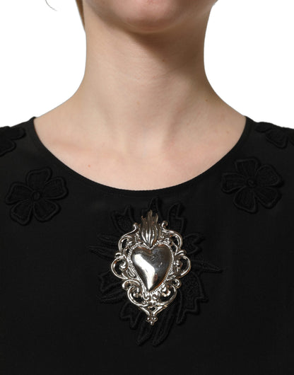 Dolce & Gabbana Heart Women's Short-Sleeve Round Neck Silk Blouse - Black Rose Floral