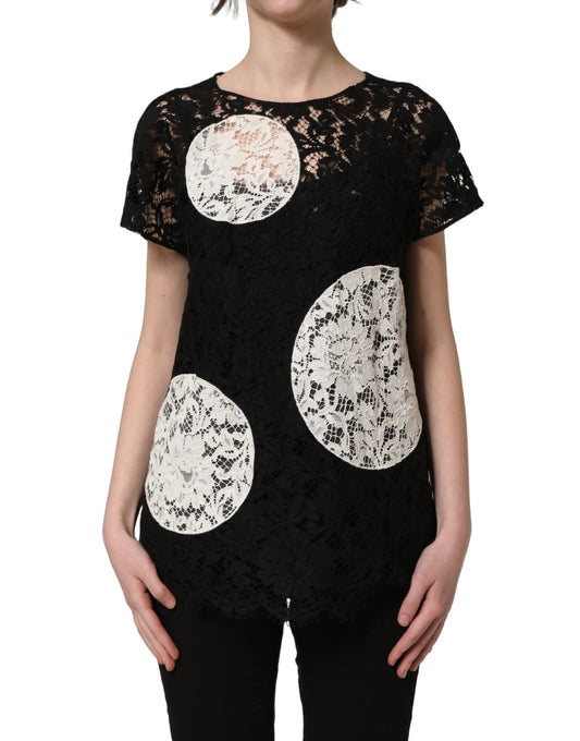 Dolce & Gabbana Women's Short-Sleeve Round Neck Cotton Silk Viscose & Lace Blouse - Black White Floral