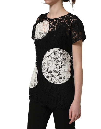Dolce & Gabbana Women's Short-Sleeve Round Neck Cotton Silk Viscose & Lace Blouse - Black White Floral