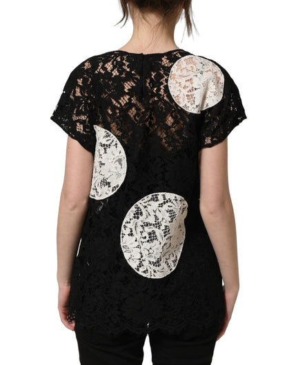 Dolce & Gabbana Women's Short-Sleeve Round Neck Cotton Silk Viscose & Lace Blouse - Black White Floral