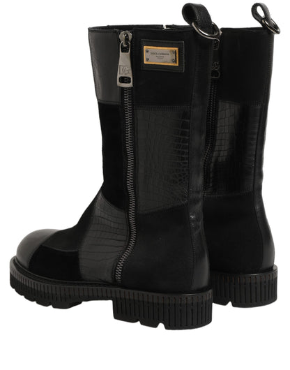 Dolce & Gabbana Men's Leather & Cotton Flat Mid-Calf Short Boots - Black Patchwork